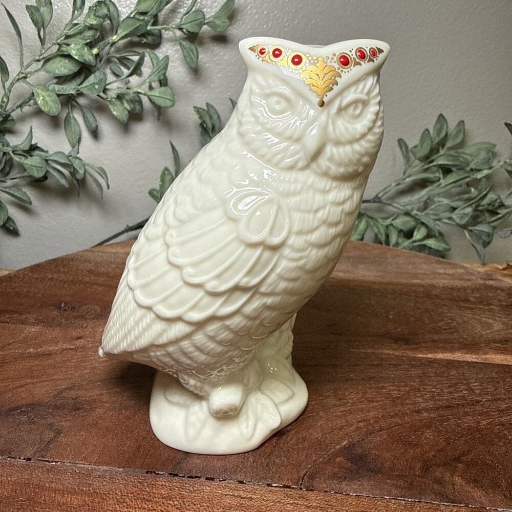 Lenox China Jewels Owl Figurine 1992 Ivory Porcelain Gold Trim USA 4.5" Vintage